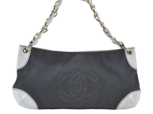 Authentic CHANEL Canvas Leather CC Logo Chain Shoulder Bag Navy Blue K9261