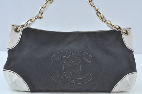 Authentic CHANEL Canvas Leather CC Logo Chain Shoulder Bag Navy Blue K9261