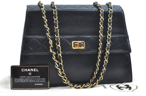 Authentic CHANEL Lamb Skin Matelasse Chain Shoulder Cross Bag Black CC K9263