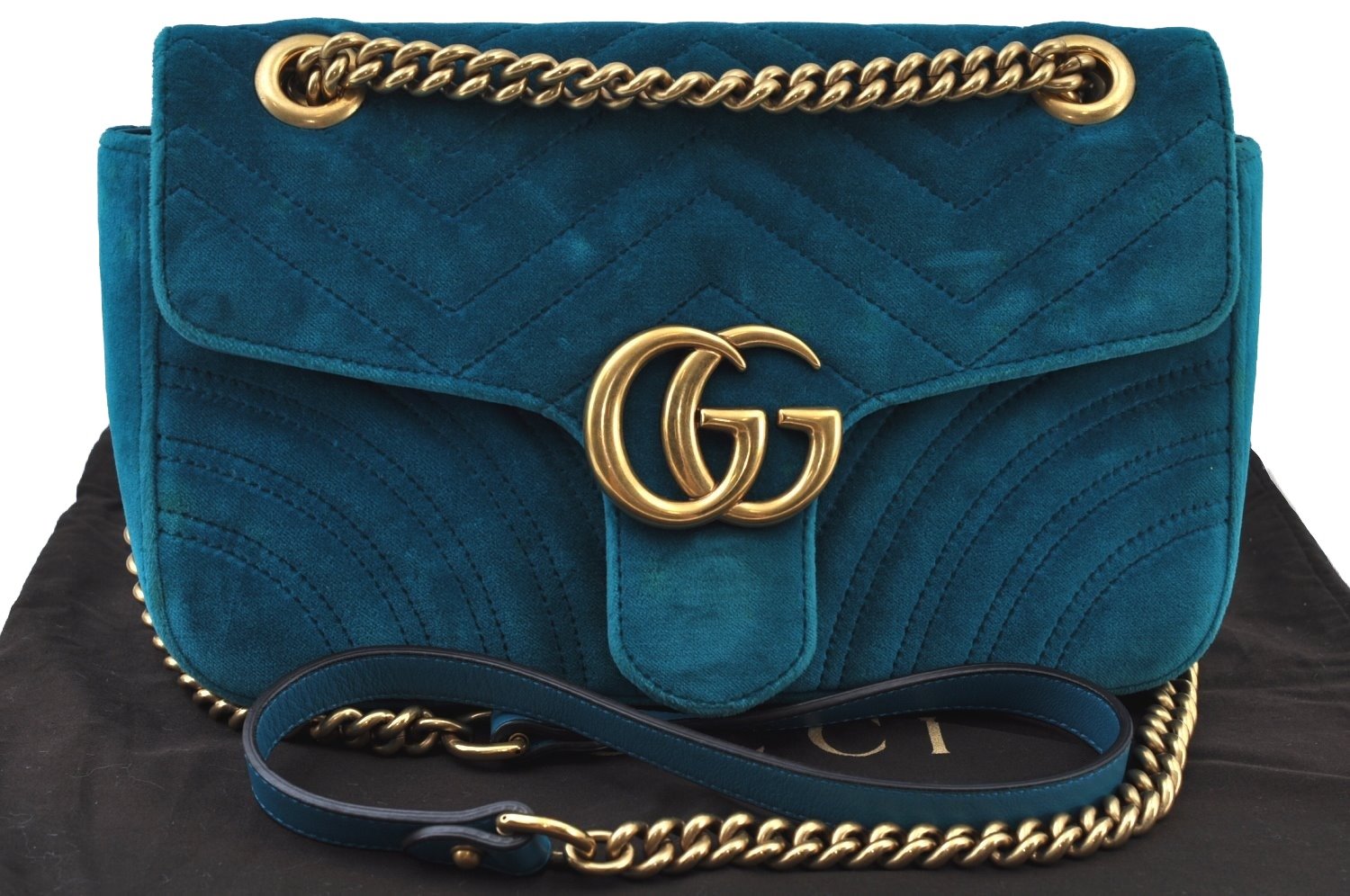 Authentic GUCCI GG Marmont Chain Shoulder Cross Bag Velour 443497 Blue K9380