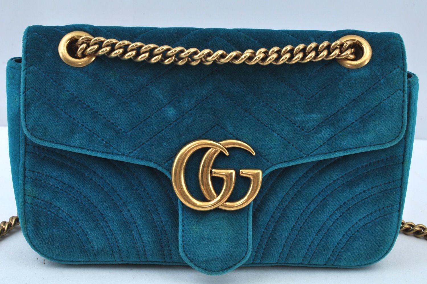 Authentic GUCCI GG Marmont Chain Shoulder Cross Bag Velour 443497 Blue K9380