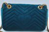 Authentic GUCCI GG Marmont Chain Shoulder Cross Bag Velour 443497 Blue K9380