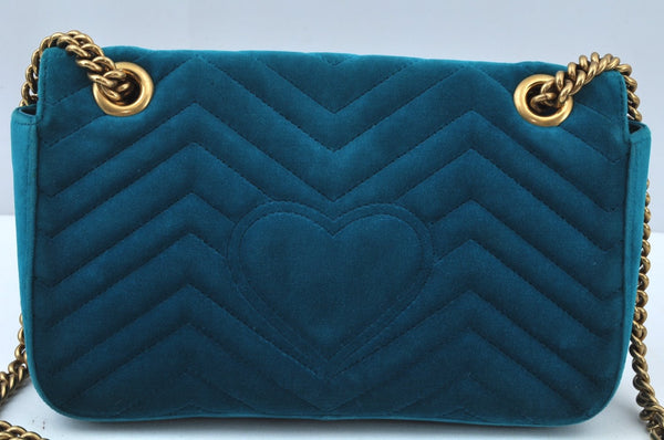 Authentic GUCCI GG Marmont Chain Shoulder Cross Bag Velour 443497 Blue K9380