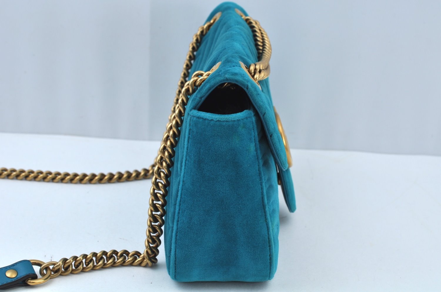 Authentic GUCCI GG Marmont Chain Shoulder Cross Bag Velour 443497 Blue K9380