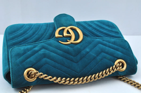 Authentic GUCCI GG Marmont Chain Shoulder Cross Bag Velour 443497 Blue K9380