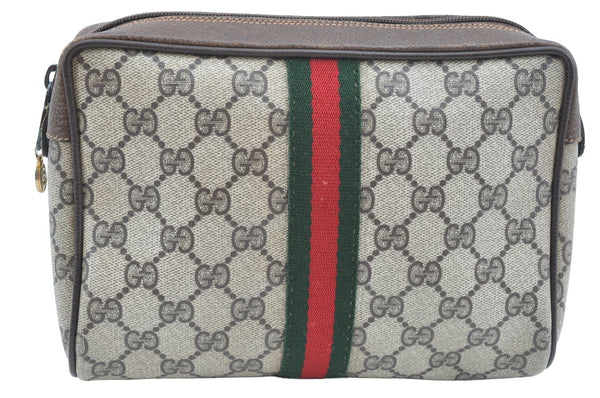 Authentic GUCCI Sherry Line Clutch Hand Bag Purse GG PVC Leather Brown K9487