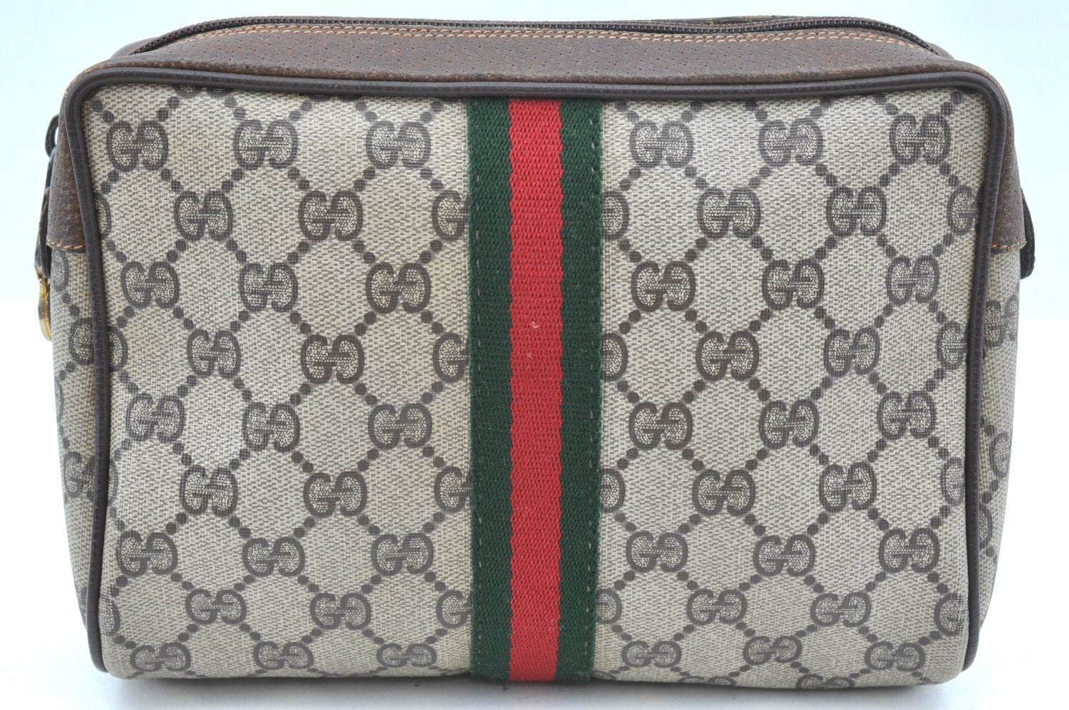 Authentic GUCCI Sherry Line Clutch Hand Bag Purse GG PVC Leather Brown K9487