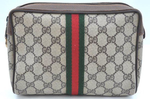 Authentic GUCCI Sherry Line Clutch Hand Bag Purse GG PVC Leather Brown K9487