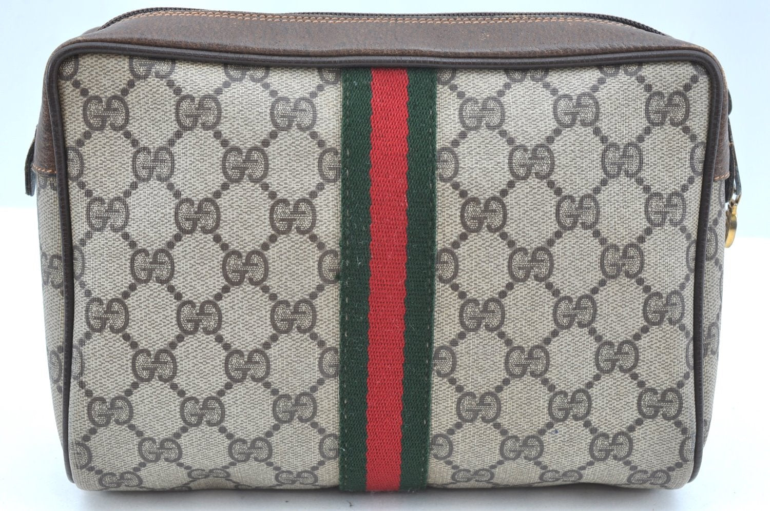Authentic GUCCI Sherry Line Clutch Hand Bag Purse GG PVC Leather Brown K9487