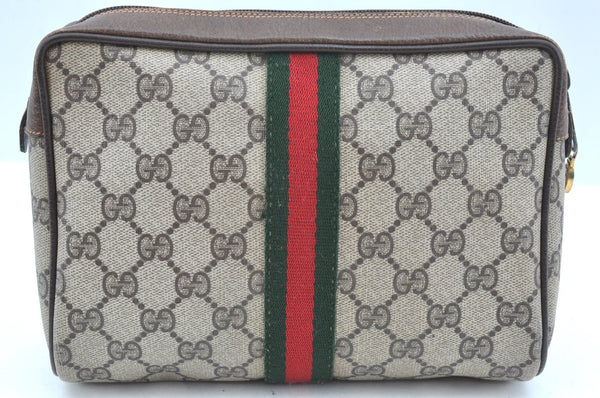 Authentic GUCCI Sherry Line Clutch Hand Bag Purse GG PVC Leather Brown K9487
