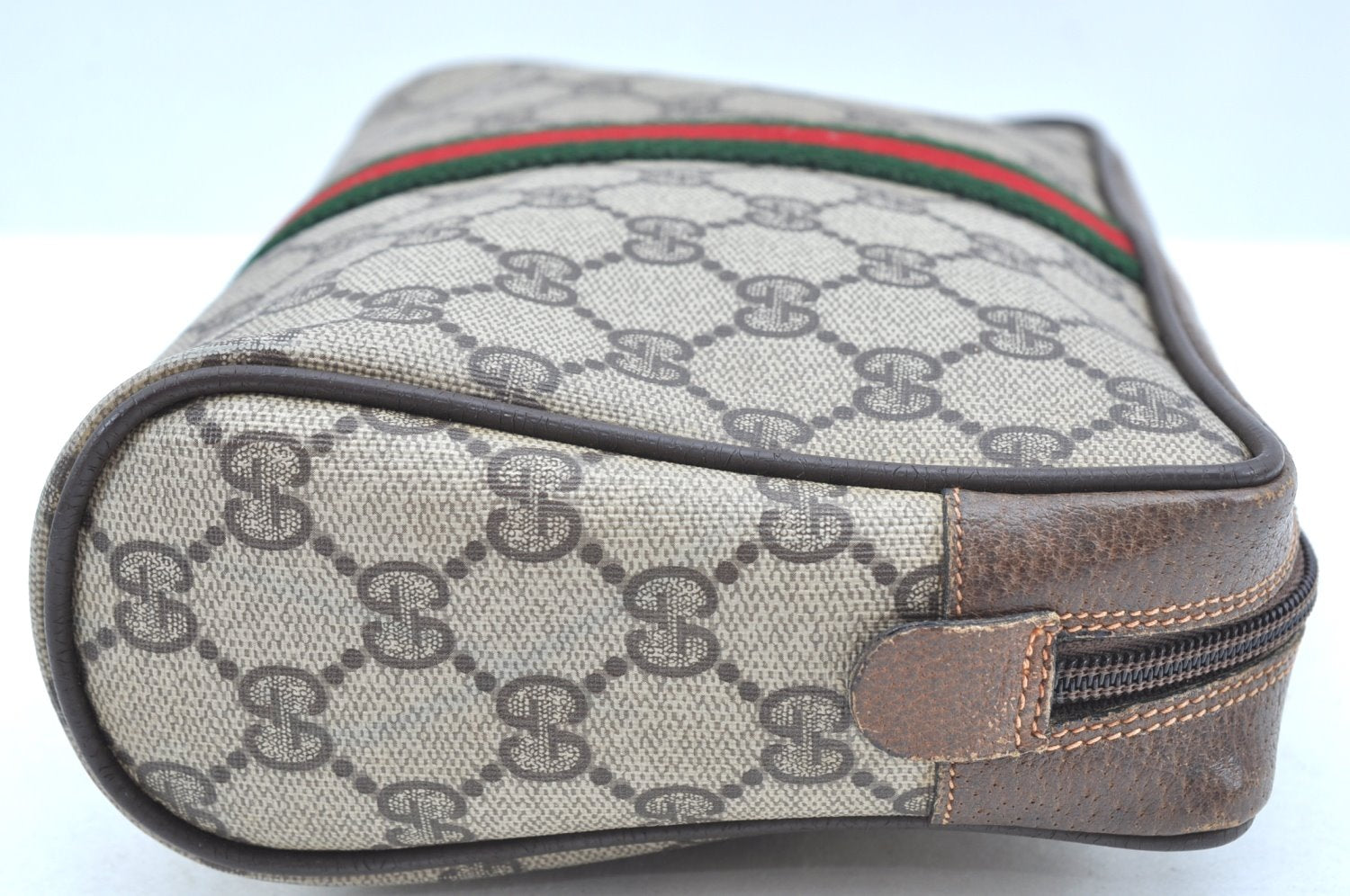 Authentic GUCCI Sherry Line Clutch Hand Bag Purse GG PVC Leather Brown K9487