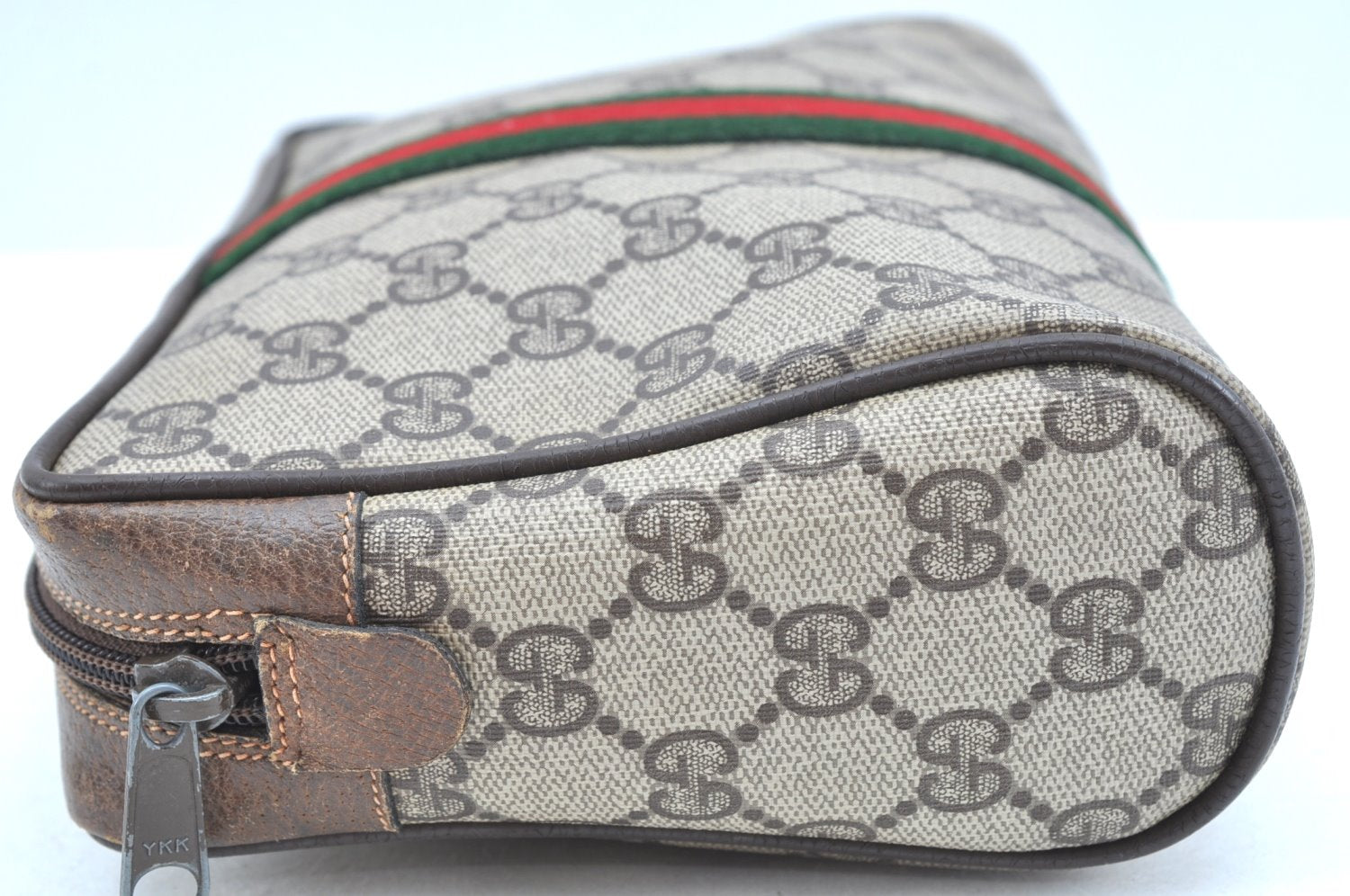 Authentic GUCCI Sherry Line Clutch Hand Bag Purse GG PVC Leather Brown K9487