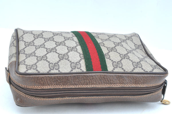 Authentic GUCCI Sherry Line Clutch Hand Bag Purse GG PVC Leather Brown K9487