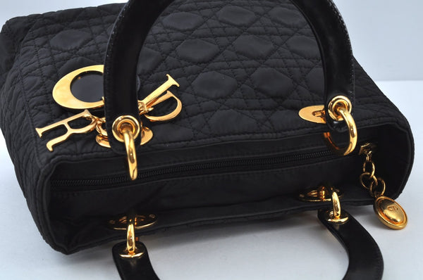 Authentic Christian Dior Lady Dior Nylon Cannage Hand Bag Black CD K9491