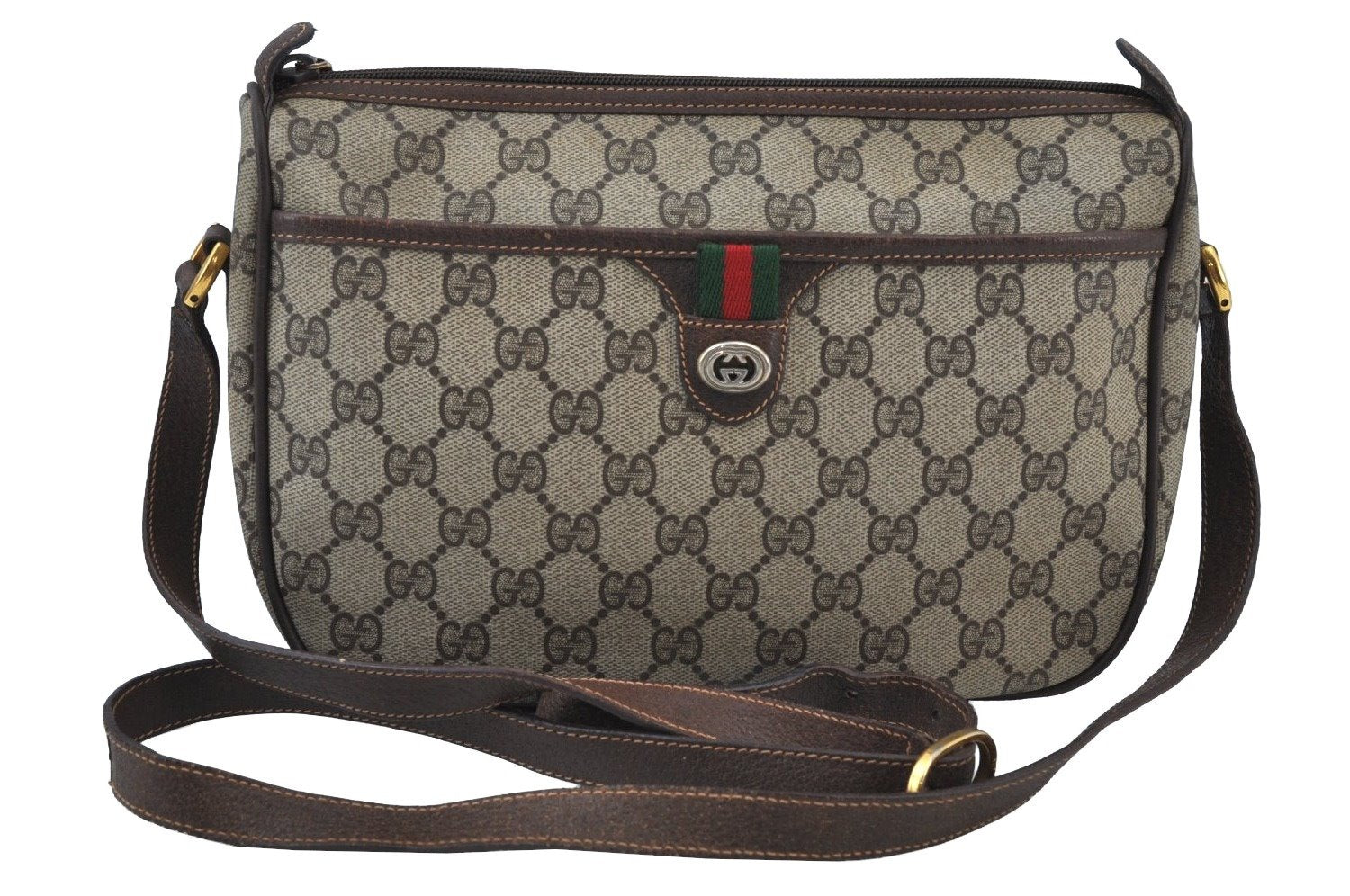 Authentic GUCCI Web Sherry Line Shoulder Cross Bag GG PVC Leather Brown K9500