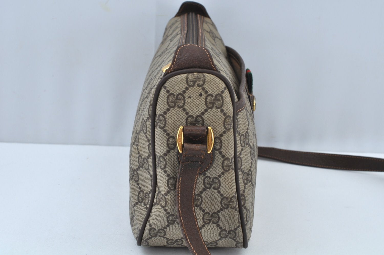 Authentic GUCCI Web Sherry Line Shoulder Cross Bag GG PVC Leather Brown K9500