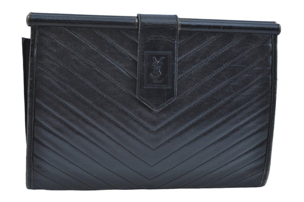 Authentic YVES SAINT LAURENT Clutch Hand Bag Purse Leather Black K9505