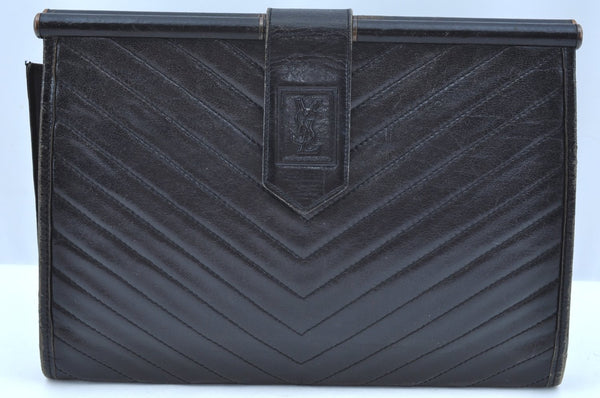 Authentic YVES SAINT LAURENT Clutch Hand Bag Purse Leather Black K9505