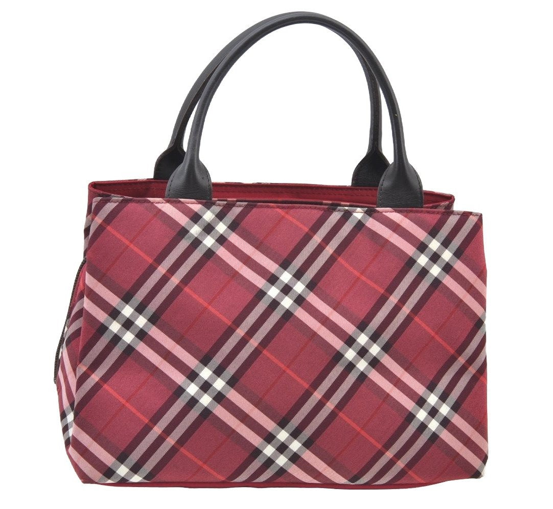 Authentic BURBERRY BLUE LABEL Check Hand Bag Nylon Leather Bordeaux Red K9513