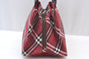 Authentic BURBERRY BLUE LABEL Check Hand Bag Nylon Leather Bordeaux Red K9513