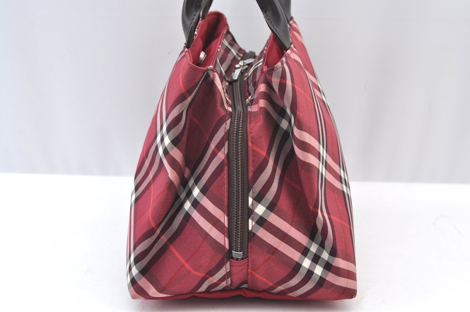 Authentic BURBERRY BLUE LABEL Check Hand Bag Nylon Leather Bordeaux Red K9513