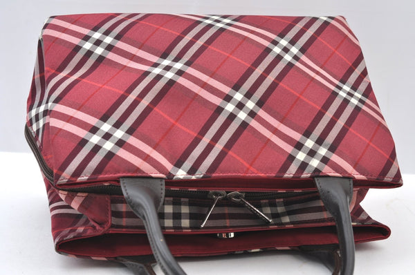 Authentic BURBERRY BLUE LABEL Check Hand Bag Nylon Leather Bordeaux Red K9513