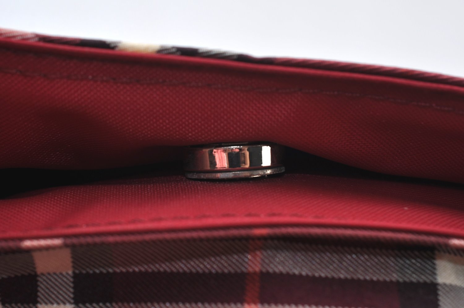 Authentic BURBERRY BLUE LABEL Check Hand Bag Nylon Leather Bordeaux Red K9513