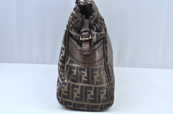 Authentic FENDI Zucca Shoulder Tote Bag Velour leather Brown K9518