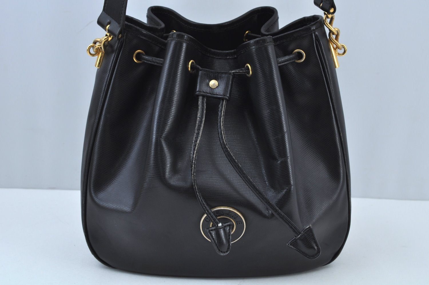 Authentic CELINE Shoulder Drawstring Bag Leather Black K9525