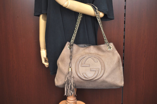 Authentic GUCCI SOHO Tassel Shoulder Tote Bag Chain Leather 303982 Brown K9535