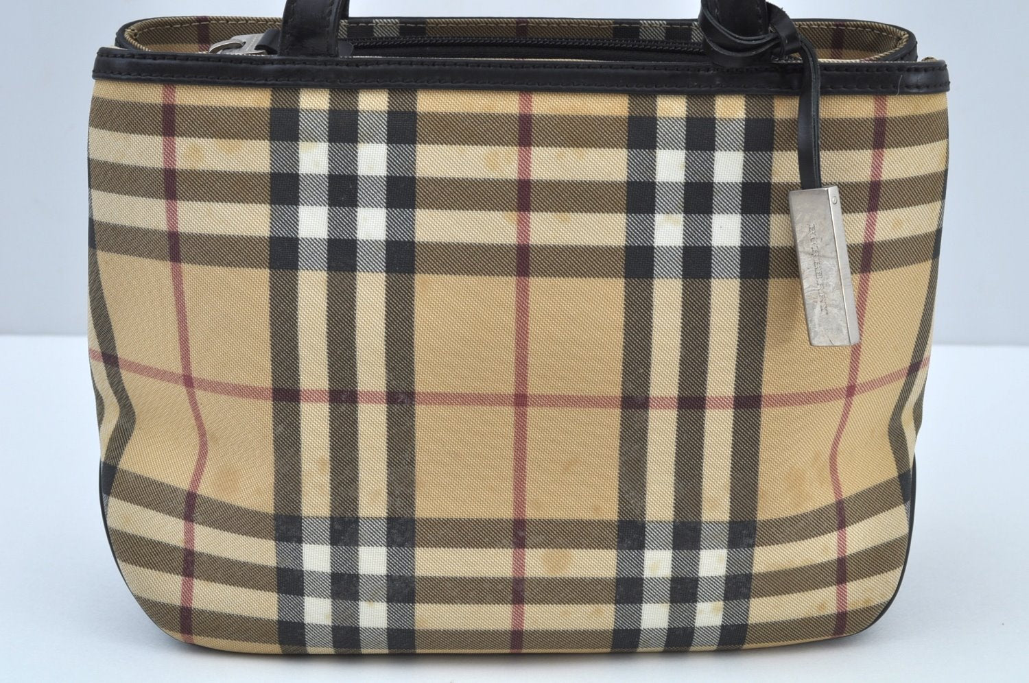 Authentic BURBERRY Vintage Nova Check PVC Leather Hand Bag Beige K9536