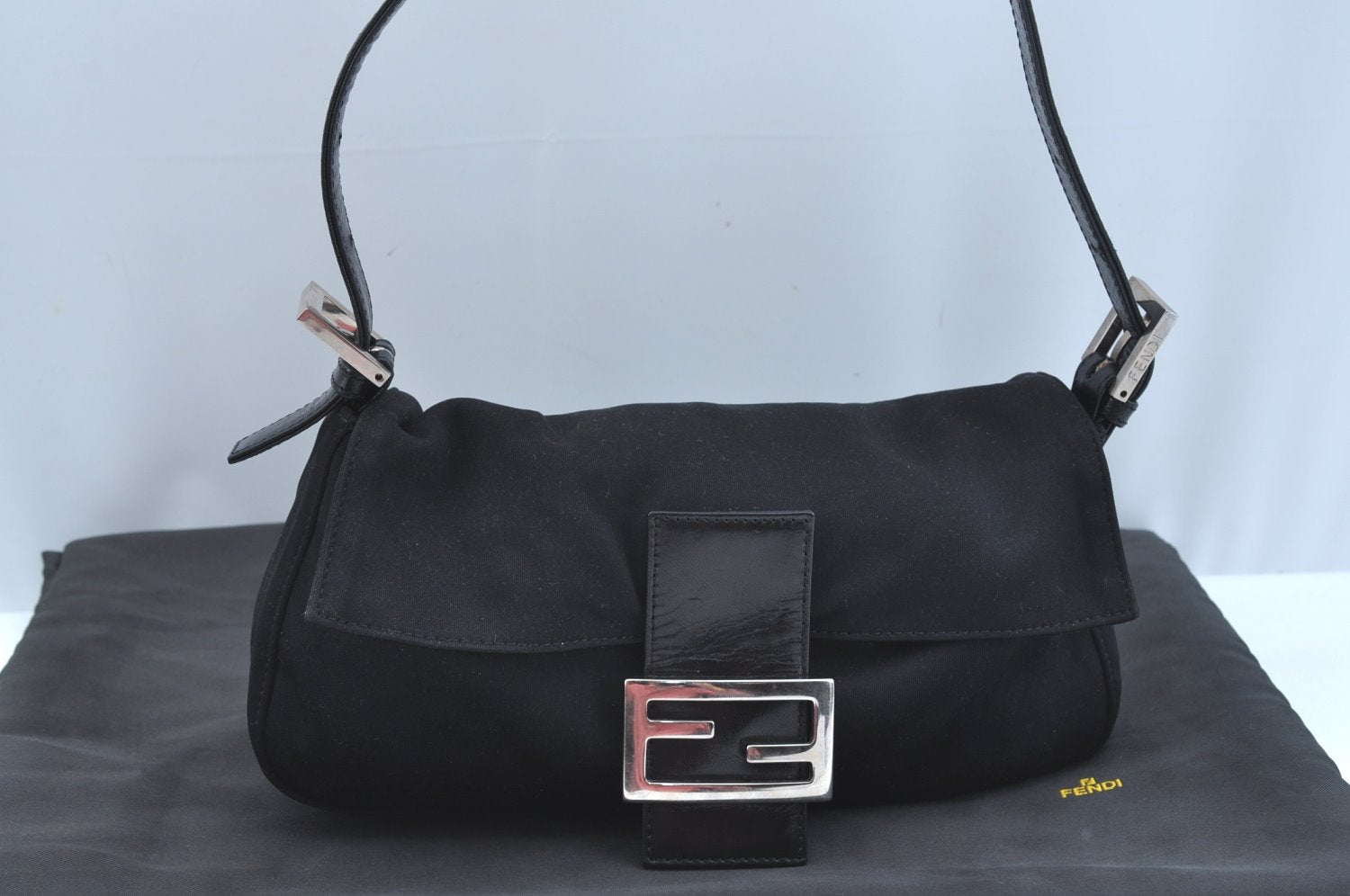 Authentic FENDI Mamma Baguette Shoulder Hand Bag Jersey Leather Black K9543