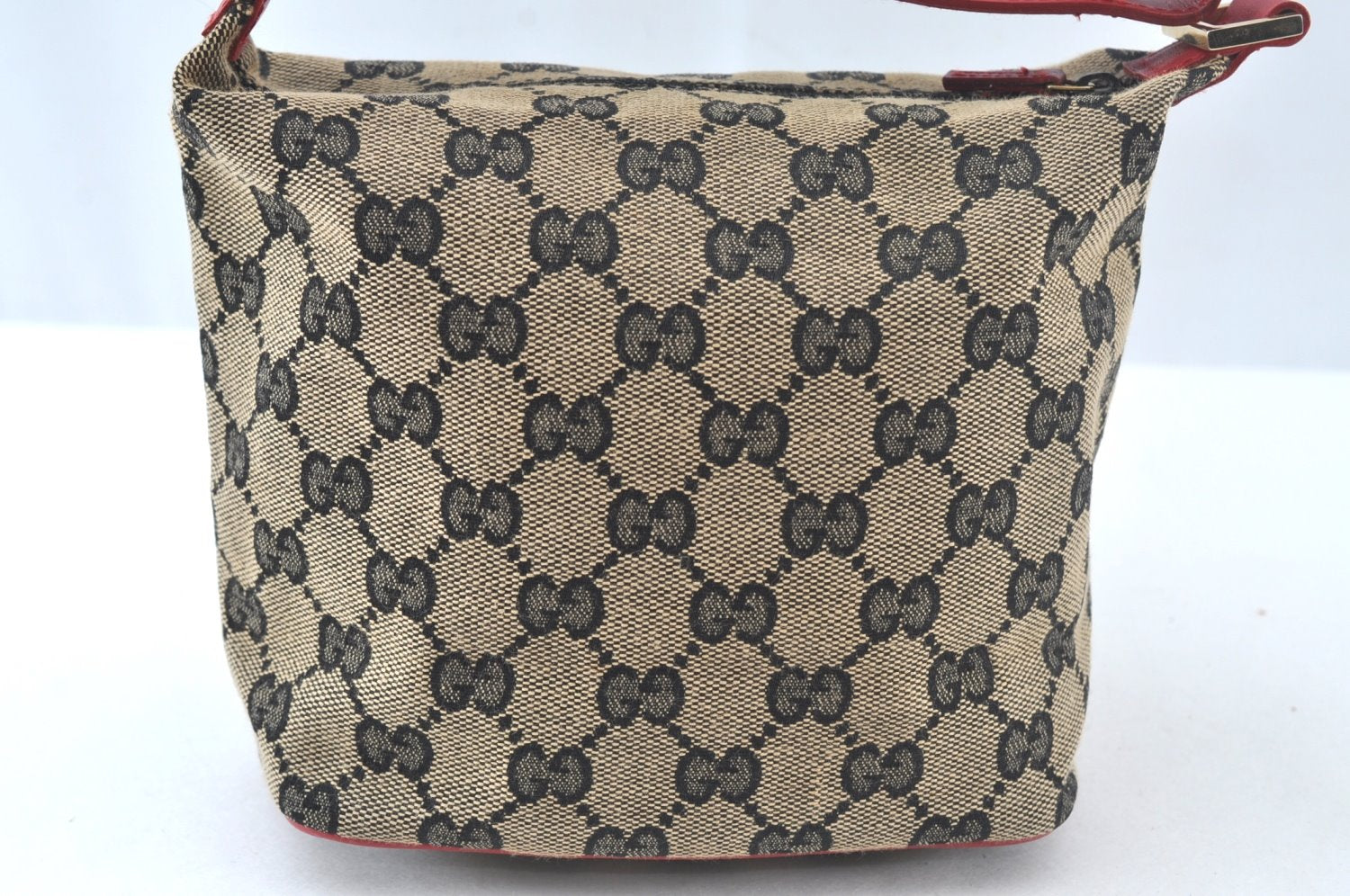 Authentic GUCCI Hand Pouch Purse GG Canvas Leather Black Red Junk K9546