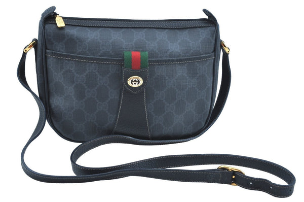 Authentic GUCCI Web Sherry Line Shoulder Cross Bag GG PVC Leather Black K9556