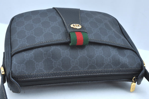 Authentic GUCCI Web Sherry Line Shoulder Cross Bag GG PVC Leather Black K9556