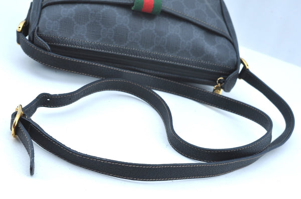 Authentic GUCCI Web Sherry Line Shoulder Cross Bag GG PVC Leather Black K9556
