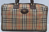 Authentic Burberrys Vintage Check Canvas Travel Boston Bag Brown Beige K9558