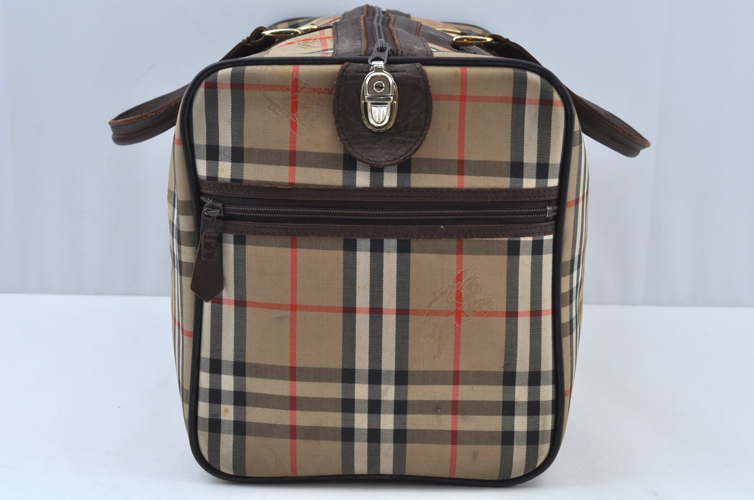 Authentic Burberrys Vintage Check Canvas Travel Boston Bag Brown Beige K9558