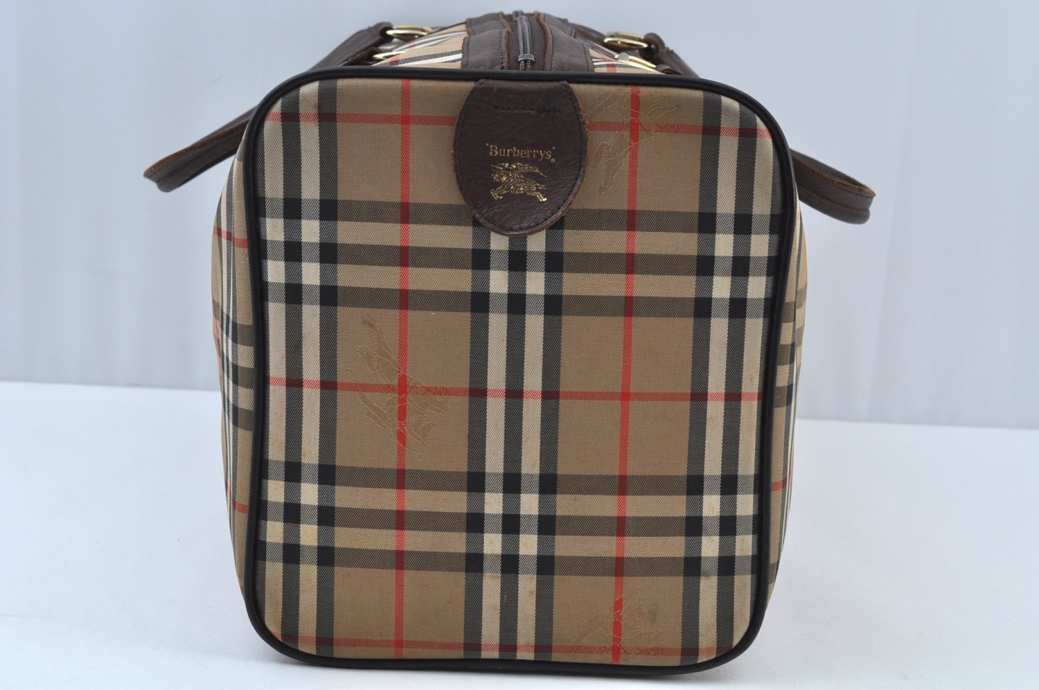 Authentic Burberrys Vintage Check Canvas Travel Boston Bag Brown Beige K9558