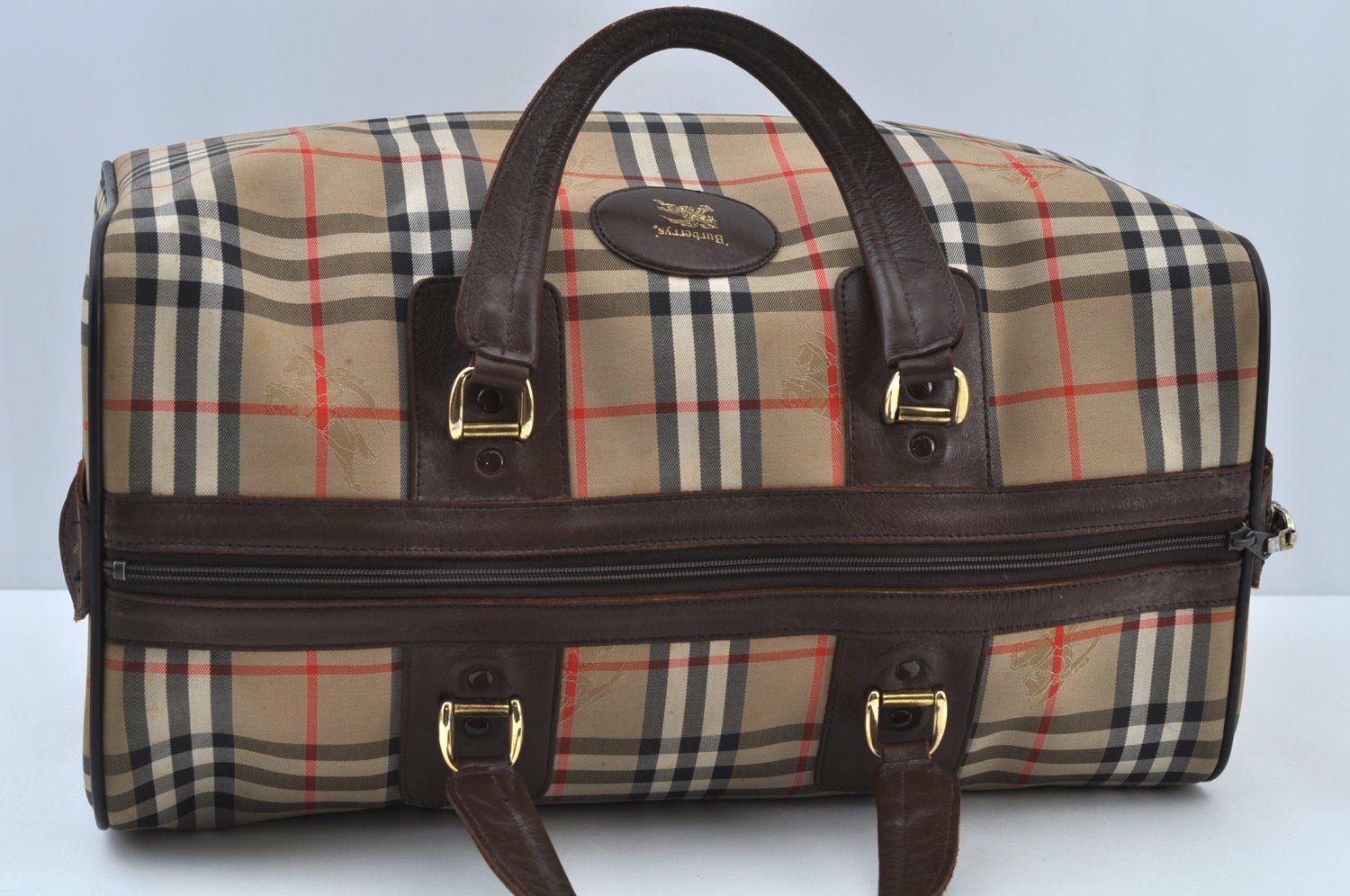 Authentic Burberrys Vintage Check Canvas Travel Boston Bag Brown Beige K9558