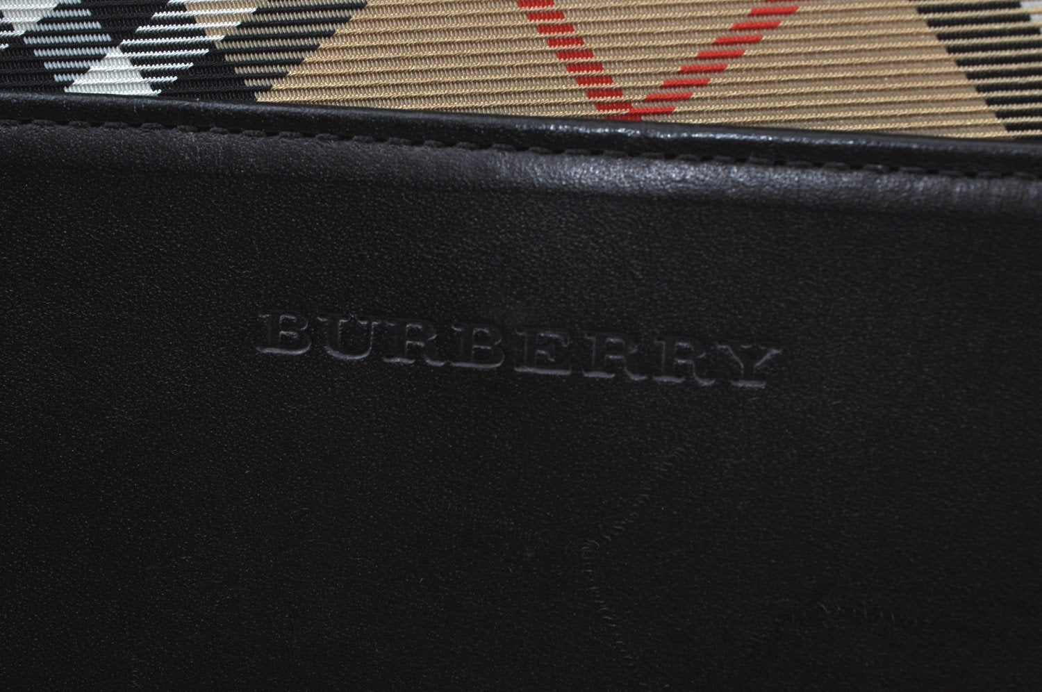 Authentic BURBERRY Vintage Nova Check Leather Canvas Hand Bag Black Beige K9565