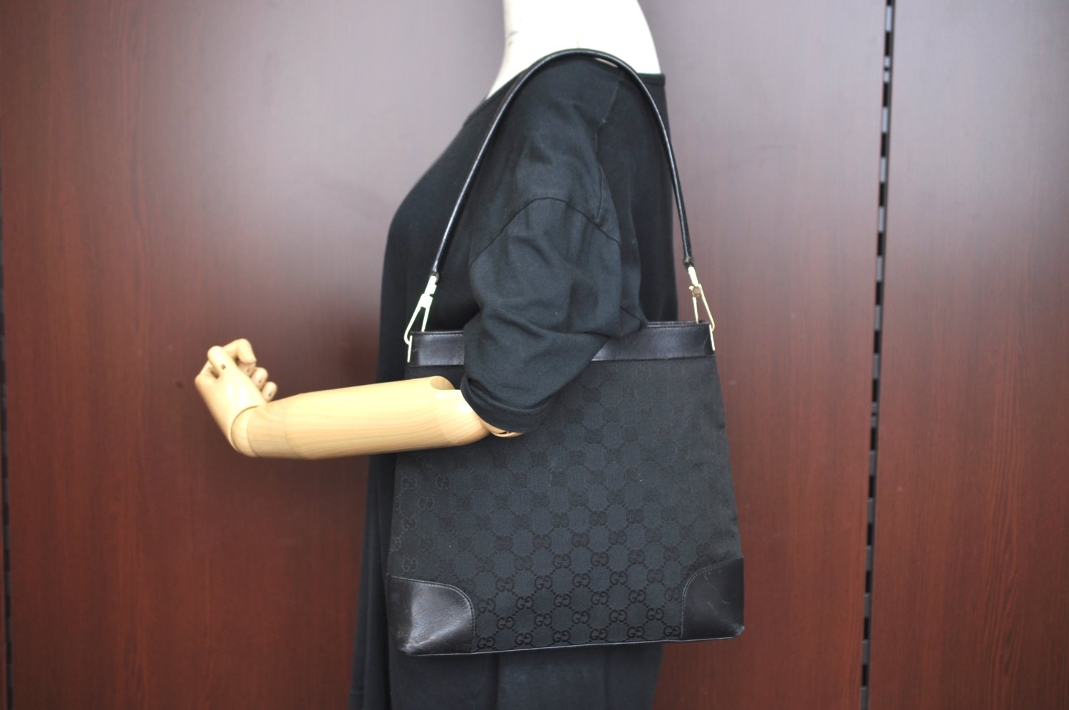 Authentic GUCCI Shoulder Bag GG Canvas Leather 0014231 Black Junk K9583