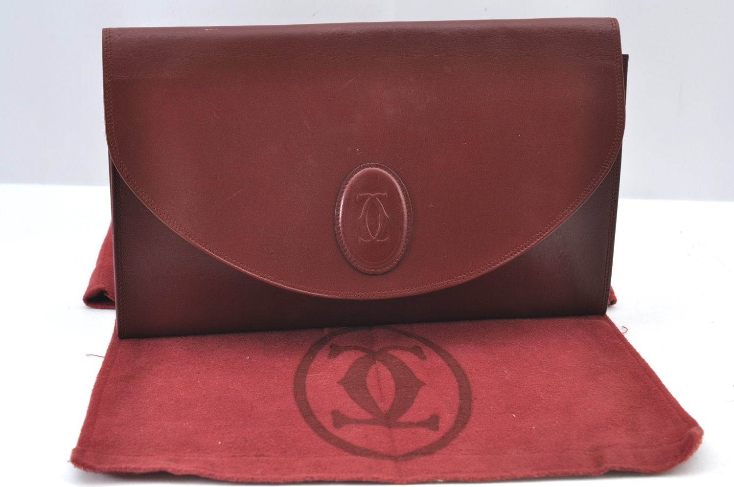Authentic Cartier Must de Cartier Clutch Bag Leather Bordeaux Red K9596