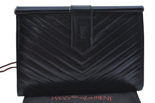 Authentic YVES SAINT LAURENT Clutch Hand Bag Purse Leather Black K9597