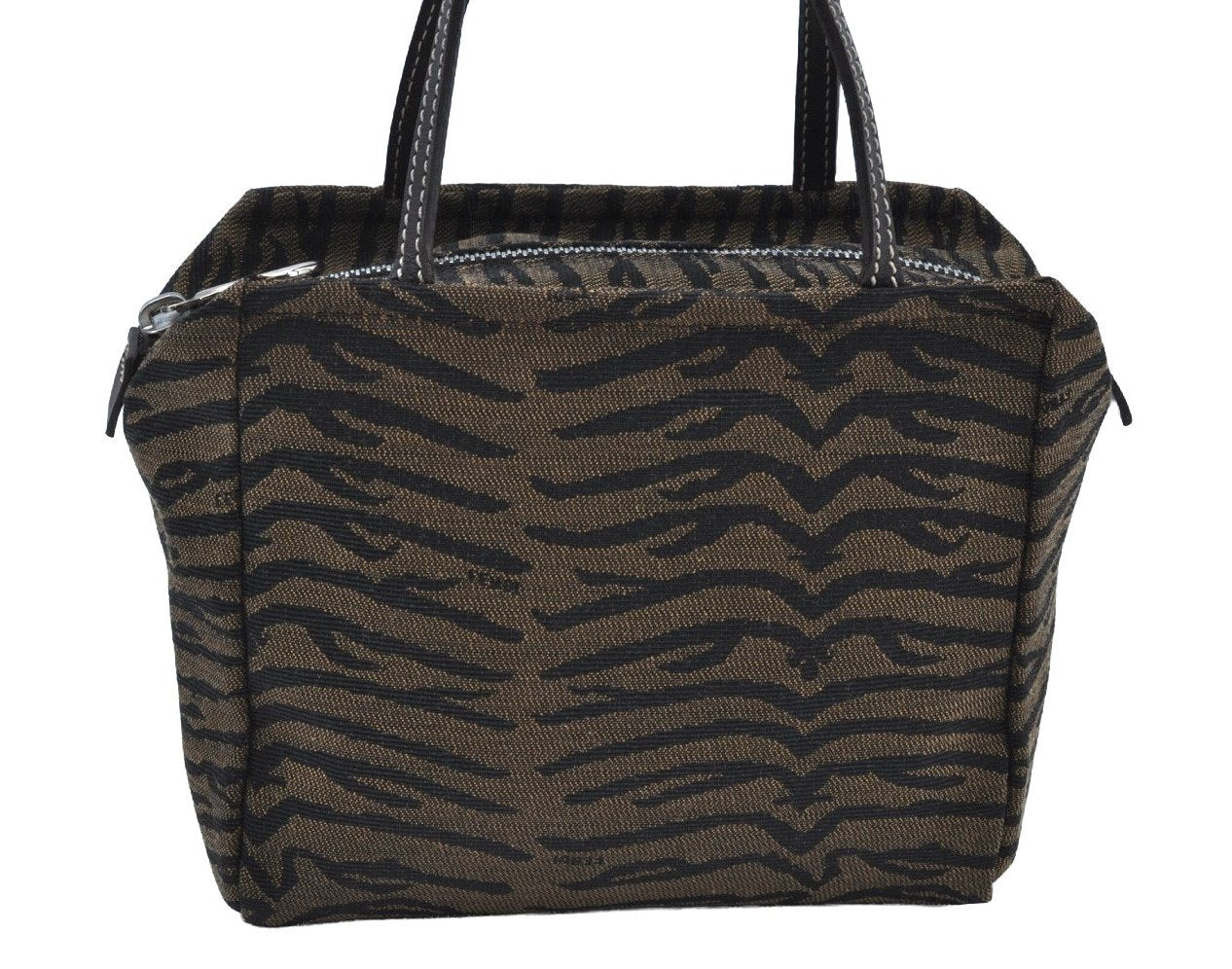 Authentic FENDI Vintage Zebra Pattern Hand Bag Purse Canvas Leather Brown K9603