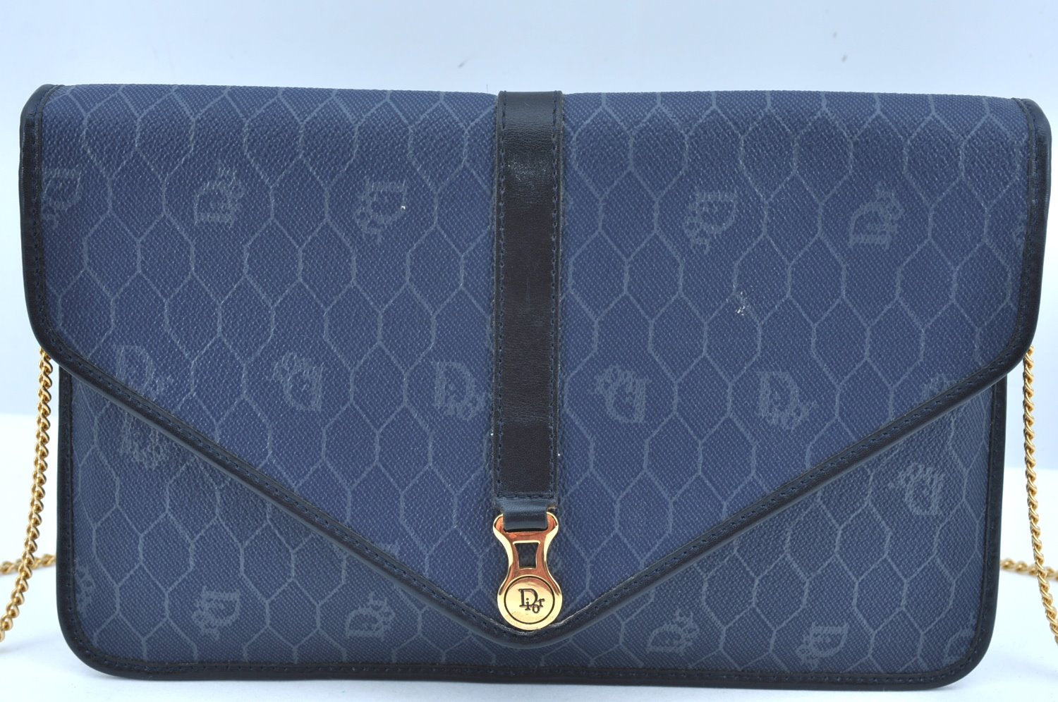 Auth Christian Dior Honeycomb Shoulder Cross Bag Chain PVC Leather Navy K9608