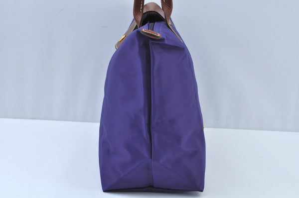 Auth Longchamp Le Pliage Shopper Tote Hand Bag Nylon Leather Purple K9616