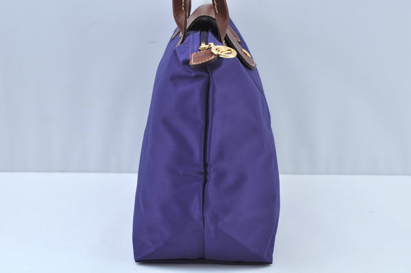 Auth Longchamp Le Pliage Shopper Tote Hand Bag Nylon Leather Purple K9616