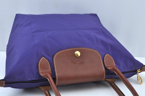 Auth Longchamp Le Pliage Shopper Tote Hand Bag Nylon Leather Purple K9616