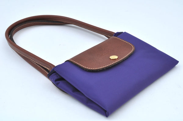 Auth Longchamp Le Pliage Shopper Tote Hand Bag Nylon Leather Purple K9616